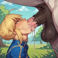 1boy absurdly_large_cock ahe_gao ai_generated animal_penis artoria_pendragon balls big_balls blonde_hair blush cecil_(artist) clothed cum cum_in_mouth deepthroat equine equine_penis eyes_rolling_back face_fucking fate/grand_order fate_(series) fellatio female feral feral_on_female green_eyes half-closed_eyes horse horsecock huge_balls oral outdoors penis sex side_view sky stable_diffusion thrusting zoophilia