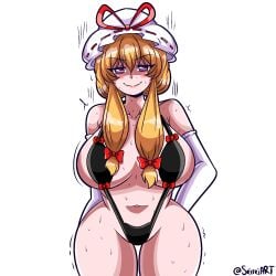 1girls artist_name big_breasts bikini blonde_hair blush breasts hat light-skinned_female mature_female meme purple_eyes seireiart sling_bikini solo solo_female sweat sweaty_body thick_thighs thighs touhou watermark white_background yukari's_gap_bikini_(meme) yukari_yakumo