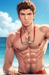 ai_generated anime_style armpits arms_up body_hair chest chest_hair david_hasselhoff gay hairy_male hunk lifeguard male male_focus muscles muscular_male nipples non-web_source pecs pectorals real_person red_shorts topless_male