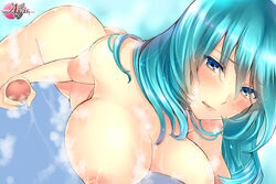 1girls aigis_(game) areolae blue_eyes blue_hair blush breasts female green_hair handjob large_breasts liana liana_(sennen_sensou_aigis) long_hair millennium_war_aigis nipples nude penis sennen_sensou_aigis soap tongue tongue_out uncensored