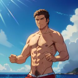 abs ai_generated anime_style bara beach body_hair chest chest_hair david_hasselhoff dilf lifeguard male male_focus muscles muscular muscular_arms muscular_male nipples non-web_source pecs real_person red_shorts stubble sweaty topless_male