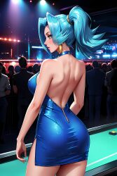 1girls ai_generated ass ass_focus blue_dress blue_hair clair_(pokemon) curvaceous curvaceous_body curves curvy curvy_body curvy_female curvy_figure female female_only hourglass_figure isaris-ai light-skinned_female light_skin pokemon solo solo_female voluptuous voluptuous_female