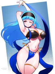 1girls alternate_costume alternate_hairstyle arm_behind_head arm_up armpits arms_up bangs bare_arms bare_hips bare_midriff bare_thighs belly_dancing blue_hair breasts cleavage cowboy_shot curvy dancer dancing dithered_background female female_only fire_emblem fire_emblem:_three_houses fire_emblem_warriors:_three_hopes front-tie_top grin hairband harem_outfit highres hourglass_figure jaxartdump jaxdrawz large_breasts light_blue_hair light_blush loincloth long_hair looking_to_the_side marianne_von_edmund midriff navel nintendo official_alternate_hairstyle one_eye_closed pelvic_curtain purple_eyes revealing_clothes simple_background smile solo thigh_strap thighs underboob wide_hips