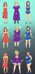 1boy 2girls aerith_gainsborough big_breasts bimbo black_boots blonde_hair blue_dress blue_eyes blue_eyeshadow bracelets braided_twintails breast_forms brown_eyes brown_hair bulge cloud_strife crossdressing cum_stain curvy_figure dark_brown_hair diggerman drag_queen dress earrings erection_under_clothes femboy final_fantasy final_fantasy_vii ftm_transformation gender_transformation genderswap_(ftm) gold_belt gold_bracelet gold_earrings green_eyes heavy_blush heavy_makeup high_heels hourglass_figure huge_breasts penis_in_panties penis_under_dress pink_eyeshadow pink_hair_bow pink_lipstick purple_dress red_dress red_lipstick red_nail_polish sissification sissy tifa_lockhart tomgirl transformation transformation_sequence trap