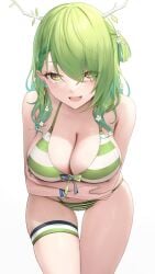 1girls 2d big_breasts blush breasts ceres_fauna clothed curvy curvy_female curvy_figure earrings eyebrows_visible_through_hair female female_only flower flower_in_hair green_hair green_swimsuit hololive hololive_english hololive_english_-council- hololive_english_-promise- horn large_breasts leaning_forward long_hair looking_at_viewer mole mole_under_eye nail_polish open_mouth simple_background solo somebody swimsuit thick_thighs thigh_gap thighband thighs virtual_youtuber voluptuous wet wet_body yellow_eyes