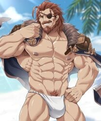 1boy abs armpit_hair bara beard biceps big_bulge bulge daddy dilf eugen_(granblue_fantasy) fundoshi granblue_fantasy japanese_clothing male male_nipples male_only male_pubic_hair manly mature_male moustache muscular_male nipples pecs sollyz underwear