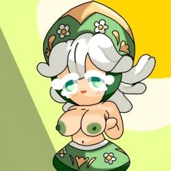 big_breasts chamomile_cookie cookie_run cookie_run_tower_of_adventures first_porn_of_character flower frenn_tboi green_eyes green_nipples half-dressed hat heart-shaped_pupils pressing_breasts showing_breasts tagme white_hair