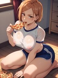 1girls :3 ai_generated big_breasts blush booty_shorts cute cute_girl drinking feet female female_only human jujutsu_kaisen kugisaki_nobara looking_at_viewer midriff nipples nipples_visible_through_clothing no_bra orange_eyes orange_hair pizza pout pouting solo sweat sweating thick_thighs wet_clothes wet_t-shirt