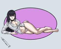 1girls artist_signature bare_legs barefoot black_hair blue_eyes bra cleavage curvy dress_shirt female_only full_body hand_on_own_ass hips ironsiderodger kill_la_kill kiryuuin_satsuki laying_on_side legs legs_focus light-skinned_female light_skin looking_at_viewer lying_on_side panties pinup_pose scowl solo solo_female thighs unbuttoned_shirt wide_hips