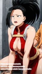 1boy ai_generated all_fours ass ass_grab bangs bare_arms bare_shoulders belt black_hair blush breasts center_opening cleavage clothed_sex clothing doggy_style dress english_text female grey_eyes jousneystudio large_breasts leotard long_hair looking_at_viewer male momo_yaoyorozu my_hero_academia open_mouth orange_shirt ponytail red_leotard sex sex_from_behind straight sweat sweatdrop teeth text thighs tied_hair torso_grab yaoyorozu_momo