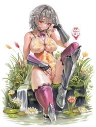 absurdres armored_boots artier's_character bare_shoulders black_collar black_gloves blush boots bottomless breasts censored china_dress chinese_clothes cleavage_cutout clothing_cutout collar commentary_request commission covered_navel dress elocca female fingerless_gloves flower gauntlets gloves grass grey_hair hair_intakes half-spread_pussy highres large_breasts lily_pad looking_at_viewer mole mole_under_eye mosaic_censoring neck_ribbon original pelvic_curtain pixiv_commission purple_ribbon purple_thighhighs pussy red_eyes ribbon short_hair sideless_outfit simple_background sitting skindentation smile solo spiked_collar spikes spread_pussy thick_thighs thighhighs thighs underboob underboob_cutout wet white_background white_flower yellow_dress