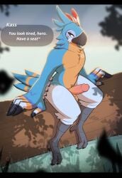 anthro avian balls beak breath_of_the_wild dialogue english_text genitals hi_res humanoid_genitalia humanoid_penis kass_(tloz) log male male_only milodesty nintendo nude penis rito sitting sitting_on_log solo talking_to_viewer text the_legend_of_zelda wood