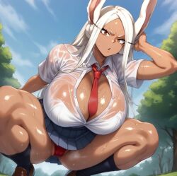 ai_generated athletic_female bare_legs big_breasts boku_no_hero_academia dark-skinned_female dark_skin gyaru huge_breasts huge_thighs kotatsu_yakan long_hair looking_at_viewer massive_breasts miruko my_hero_academia orange_eyes panties rabbit_ears red_panties rumi_usagiyama school_uniform schoolgirl shounen_jump solo_female squatting sweat sweatdrop thick_thighs thighs thighs_bigger_than_head tomboy voluptuous voluptuous_futanari white_hair