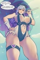 1girls annoyed annoyed_expression big_breasts breasts hand_on_hip huge_breasts long_hair looking_at_viewer navel pointy_ears purple_hair red_eyes sagnokart solo swimsuit tagme thick_thighs thigh_strap thighs vivian_(zenless_zone_zero) vivian_banshee vivian_banshee_(iris_of_the_shore) wide_hips zenless_zone_zero