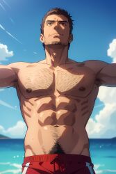 abs ai_generated anime_style armpit_hair armpits arms_up bara blue_eyes body_hair chest chest_hair david_hasselhoff dilf hairy_male lifeguard male male_focus muscle muscles muscular muscular_arms muscular_male nipples non-web_source pecs pectorals real_person red_shorts stubble topless_male