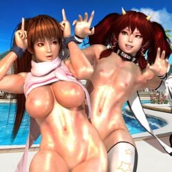 1:1_aspect_ratio 2girls 3d 3d_render blue_sky bottomless breasts brown_eyes brown_hair choker clothes_lift clothing cloud day dead_or_alive dead_or_alive_xtreme_venus_vacation fangs female female_pubic_hair green_eyes grin hair_tubes high_resolution horns kanna_(dead_or_alive) kasumi_(dead_or_alive) kasumi_(doa) large_breasts legwear lips long_hair looking_at_another looking_at_viewer multiple_girls navel nipples nude outdoors pool poolside pubic_hair realistic red_hair scarf shiny shiny_skin shirt shirt_lift sky smile star_(symbol) star_print teeth thighhighs tied_hair toned twintails v very_high_resolution water yuri