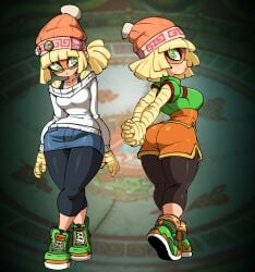 2d 2d_(artwork) arms_(game) ass bangs bare_shoulders beanie blonde_hair breasts female green_eyes jellot looking_at_viewer looking_away looking_back mask medium_hair min_min_(arms) nintendo pins ponytail shorts sneakers socks spiral_eyes sports_bra stretching sweater thick_thighs tights wide_hips yoga_pants