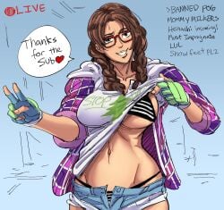 1girls bb_(baalbuddy) bikini braids colorized ddl edit english_text female female_focus female_only glasses julia_chang large_breasts lifting_shirt namco navel shirt_lift smiling solo streamer streaming striped_bikini swimsuit_under_clothes tekken tekken_7 text twin_braids v