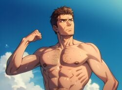 ai_generated anime_style beach biceps blue_eyes body_hair chest chest_hair david_hasselhoff gay gayabs lifeguard male male_focus muscle muscles muscular muscular_arms muscular_male nipples non-web_source pecs pectorals real_person sweaty topless_male