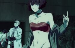 1girls black_hair choker female female_focus female_only first_porn_of_character light-skinned_female obiguro_(sakamoto_days) official_art sakamoto_days screencap short_hair small_breasts solo solo_female strapless sweat tattoo