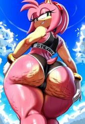 ai_generated amy_rose anthro anthro_only ass ass_focus booty_shorts calvin_klein cameltoe cellulite female female_only fur furry grin hand_on_butt huge_ass looking_back low-angle_view novelai overflow overflowing_ass sega smirk solo solo_female solo_focus sonic_(series) sonic_the_hedgehog_(series) sweat