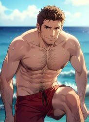 abs ai_generated anime_style bara beach blue_eyes body_hair chest chest_hair crouching david_hasselhoff dilf hairy_male male male_focus muscle muscles muscular muscular_arms muscular_male muscular_thighs nipples non-web_source pecs pectorals pov real_person red_shorts solo_male stubble sweaty topless v-line