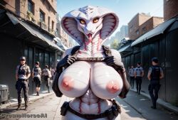 agent_torque ai_generated anthro big_ass big_breasts breasts creamhorseai exhibitionism flashing_breasts highres huge_breasts lamia scales scalie scalie_female scalie_humanoid snake snake_girl viper_(species) viper_(x-com) voluptuous xcom_2