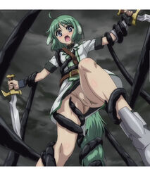 animal_ears antenna_hair anus blue_eyes bottomless cloud dagger dog_days dog_ears dog_tail eclair_martinozzi female green_hair no_panties open_mouth photoshop pussy screencap short_hair sky sweat tail tentacle thighs tongue uncensored