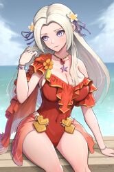 1girls absurdres alternate_costume bare_thighs blue_sky bracelet breasts casual_one-piece_swimsuit cleavage closed_mouth cloud covered_navel day edelgard_von_hresvelg edelgard_von_hresvelg_(summer) embarrassed female female_only fire_emblem fire_emblem:_three_houses fire_emblem_heroes frilled_one-piece_swimsuit frills gonzarez hair_ornament hair_ribbon hand_in_own_hair highres jewelry large_breasts long_hair necklace nintendo ocean official_alternate_costume official_alternate_hairstyle one-piece_swimsuit outdoors pearl_necklace pendant plumeria_(flower) purple_eyes red_one-piece_swimsuit red_swimsuit ribbon shy sitting sky solo sweatdrop swimsuit thighs white_hair