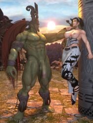 1boy 3d abs ancient_ogre black_hair breasts censored clothing colored_skin feet female footwear green_skin high_resolution horns huge_breasts jun_kazama kazama_jun large_breasts large_filesize large_penis long_hair male mosaic_censoring muscle muscular_female nipples nude ogre_(tekken) pants penis sandals straight sun tekken tekken_8 tekken_tag_tournament_2 toes very_high_resolution zeroreyko