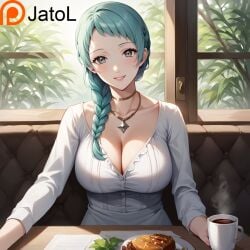 ai_generated aqua_hair braided_hair cafe date deep_cleavage fuuka_yamagishi girlfriend jatol patreon persona persona_3 safe_for_work sfw