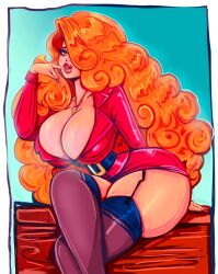 2d 2d_(artwork) belt big_ass big_breasts blonde_hair cartoon_network cleavage edit edited female female_only fully_clothed ginger ginger_hair hair_covering_eye hi_res highres looking_at_viewer necklace office_clothing office_lady revealing_clothes sara_bellum secretary seductive_look short_skirt sitting sitting_on_table stockings tagme the_powerpuff_girls wide_hips