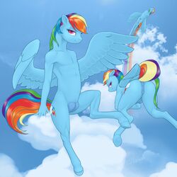 2015 anthro anthrofied anus arareroll ass breasts cloud cloudscape crotchboobs cutie_mark equine female flat_chested flying friendship_is_magic hair hi_res hooves horn looking_at_viewer mammal multicolored_hair my_little_pony nude outside pegasus presenting pussy rainbow_dash_(mlp) rainbow_hair sky smile wings