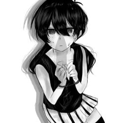 black_and_white black_eyes black_hair black_tank_top chained chained_up cock_shadow female female_only genderbend genderswap handcuffed handcuffs looking_at_viewer looking_up nervous omori omori_(character) pigtails skirt sweat sweatdrop sweating tank_top thighhighs twintails white_skin