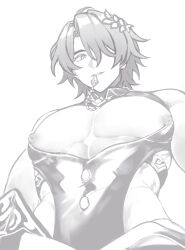 1boy abs big_pecs boob_window chest chest_window clothed dr._ratio_(honkai:_star_rail) erect_nipples eyelashes hair hair_ornament hair_over_one_eye honkai:_star_rail honkai_(series) looking_at_viewer looking_down male_only muscular muscular_male nipple_bulge nipples shiny_clothes smile smiling smiling_at_viewer solo solo_focus solo_male