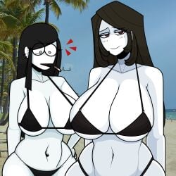 2girls beach big_breasts bikini black_hair breasts brown_hair busty cigarette daughter ear_piercing earrings female female_only huge_breasts large_breasts looking_at_breasts looking_at_viewer meme milf mother mother_and_daughter mother_daughter_boob_envy_(meme) navel_piercing original outdoors piercing saltynoodles smile swimsuit thick_thighs veronica's_mother_(saltynoodles) veronica_(saltynoodles) white_skin wide_hips