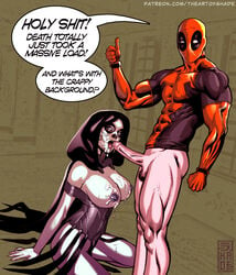 abs bottomless breasts cum cum_on_breasts cum_on_face deadpool death_(marvel_comics) erection facial female gesture habit hood intheshade kneeling large_breasts large_penis looking_at_viewer male marvel marvel_comics muscular nipples open_mouth pale_skin penis pubic_hair scott_jones shade shade_jones standing straight tattoo tattoos testicles text thumbs_up tongue veins veiny_penis x-men