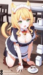 ai_generated cat_ears cat_girl cat_tail cleavage embarrassed falling green_eyes gumi_arts indoors liquid_on_breast maple_(nekopara) medium_breasts messy nekopara open_mouth spilled_drink spilled_liquid stable_diffusion