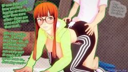 1boy 1girls 3d after_sex assjob atlus big_ass big_breasts buttjob cum cum_on_body cumshot doggy_style faceless_male glasses humping joker_(persona) koikatsu orange_hair persona persona_5 ponytail sakura_futaba that_naoto_guy track_pants