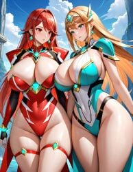 ai_generated alternate_breast_size big_breasts giantess hourglass_figure huge_breasts mythra mythra_(xenoblade) pyra pyra_(xenoblade) thick_thighs