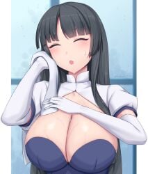 1girls blunt_bangs blush breasts cleavage closed_eyes elbow_gloves eyes_closed female female_focus female_only gloves japanese jinguu_kaguya kaguya_jinguu large_breasts revealing_clothes soukitsu sweat sweating towel under_night_in-birth