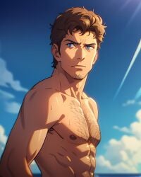 abs ai_generated anime_style beach blue_eyes body_hair chest chest_hair curly_hair david_hasselhoff male male_focus muscle muscles muscular muscular_male non-web_source pecs pectorals real_person sweaty tanned_skin topless_male