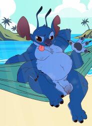 alien anthro anthro_only balls beach belly black_eyes blue_body blue_fur disney experiment_(lilo_and_stitch) flaccid foreskin fur genitals hammock hi_res lilo_and_stitch male male_only moobs nipples nude overweight penis solo stitch_(lilo_and_stitch) tbid