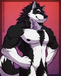 1boy 2010s 2015 abs anthro anthro_male anthro_only armpits athletic_male bara basic_background biceps black_arms black_body black_nipples black_nose black_tuft breastplate buff canine cheek_tuft chest_tuft closed_hands comission completely_nude completely_nude_male confident countershade_arms countershade_ears countershade_snout countershade_tail countershade_torso countershading digital_media_(artwork) ear ears_up excessive_pubic_hair fangs fit fit_male freckles furry furry_male furry_only gay goatee gradient_background hands_on_hips hi_res humanoid long_tail looking_at_viewer male muscular_arms muscular_male neck_tuft nude nude_male open_eyes orion_(aluminemsiren) presenting_body pubic_hair red_eyes smirk smirking_at_viewer solo solo_male sorakirbys standing tail tailwag three-quarter_portrait two-tone_body watermark