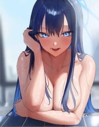 arius_satellite_school_student arius_squad_(blue_archive) blue_archive blue_eyes blue_hair blue_halo breasts cleavage colored_inner_hair completely_nude halo highres large_breasts long_hair multicolored_hair nipple_slip nipples nude open_mouth phaethonvt saori_(blue_archive) tiles