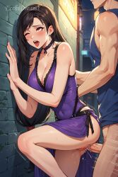 1boy 1boy1girl 1girls against_wall ahe_gao ahe_gao ai_generated bare_shoulders black_hair blush collar collarbone cum cum_in_pussy cum_inside dress ecchidreams final_fantasy final_fantasy_vii hi_res large_breasts long_hair male motion_lines one_eye_closed patreon penis purple_dress pussy rolling_eyes sex sex_from_behind sleeveless stable_diffusion straight straight sweat swept_bangs tifa_lockhart tifa_lockhart's_refined_dress tongue vaginal_penetration vaginal_penetration