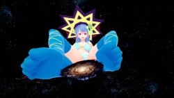 anonymous_artist bernoulli big_breasts bikini blue_hair commissioner_upload crash_fever foot_focus galaxy giantess giga_giantess in_space koikatsu light-skinned_female light_skin pink_eyes request stockings tagme