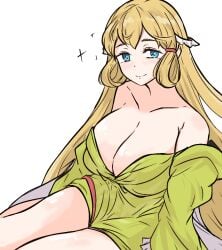 1girls alternate_costume bare_shoulders blonde_hair blue_eyes breasts cleavage closed_mouth collarbone female female female_only fire_emblem fire_emblem_heroes green_sweater large_breasts long_hair long_sleeves looking_at_viewer nintendo off_shoulder smile solo star-shaped_pupils star_(symbol) sweater symbol-shaped_pupils tavi_(hosheezus) very_long_hair white_background ymir_(fire_emblem_heroes)