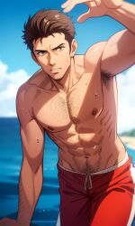 abs ai_generated anime_style armpit_hair armpits arms_up beach blue_eyes body_hair chest chest_hair david_hasselhoff hairy_male male_focus muscle muscles muscular_male nipples non-web_source pecs pectorals real_person red_shorts stubble topless_male