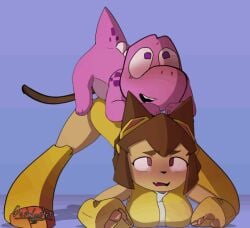 animation anthro arms_behind_back big_breasts blushing bodysuit brown_fur cat digital_media_(artwork) dino dinosaur dominant_female duo embarrassed feline female gameoverse gazwenart gif gobbles_(gameoverse) half-closed_eyes kit_(gameoverse) looking_at_viewer open_mouth pink_eyes pink_scales purple_eyes restrained shaded stacked submissive_female tongue_out video yellow_clothing zipper